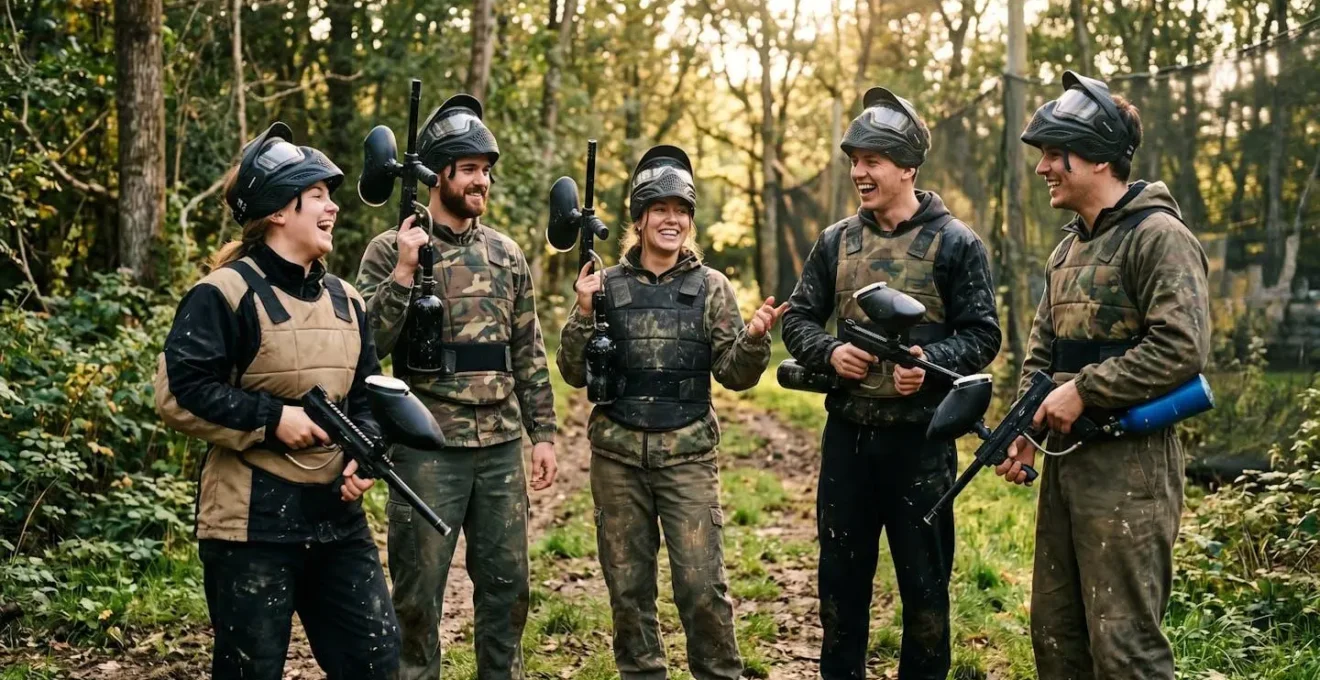 Groupe d'amis équipés pour une partie de paintball sur un terrain extérieur
