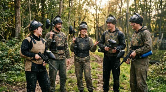 Groupe d'amis équipés pour une partie de paintball sur un terrain extérieur