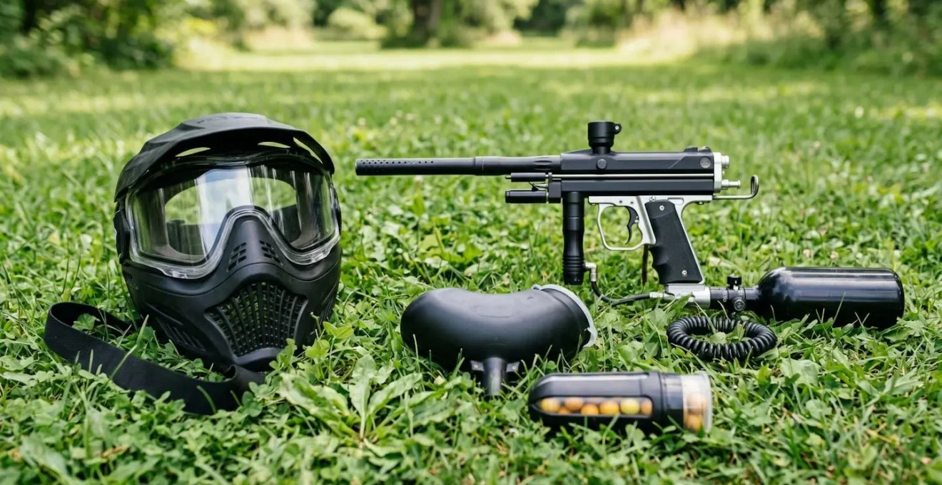Masque de paintball homologué posé à côté d'un marqueur mécanique sur une surface naturelle