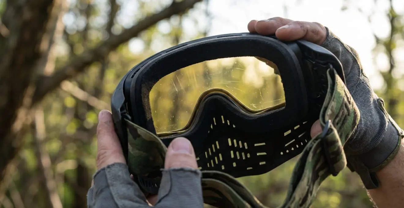 Gros plan sur une lentille thermique anti-buée de masque paintball lors d'une vérification avant session