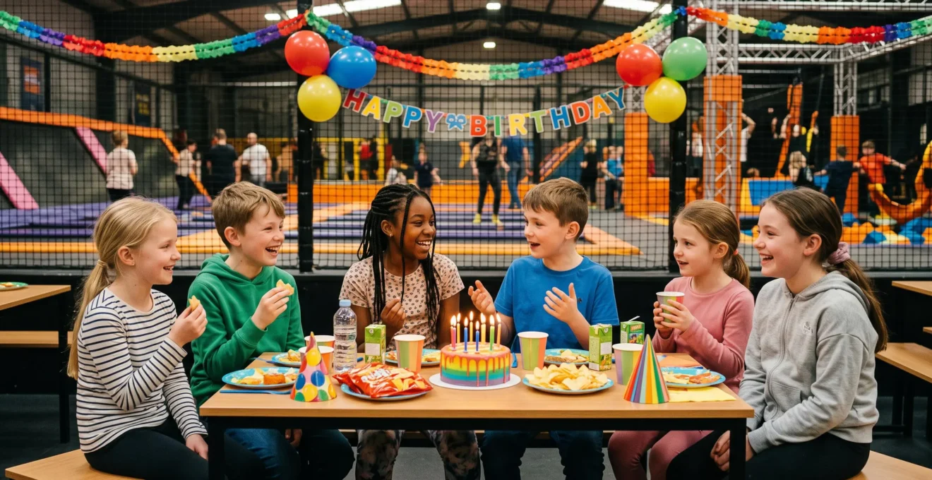 Groupe d'enfants rassemblés autour d'une table décorée dans un espace anniversaire à l'intérieur d'un trampoline park.