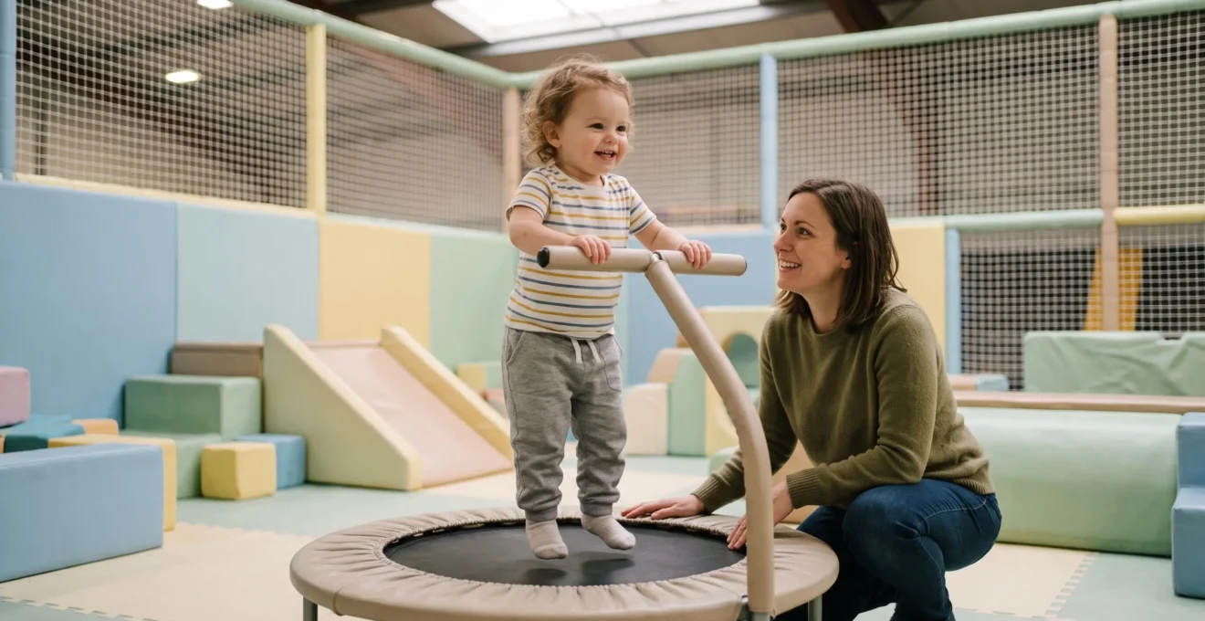 Jeune enfant rebondissant doucement sur un mini-trampoline dans une zone dédiée aux bébés sous la supervision rapprochée d'un parent.