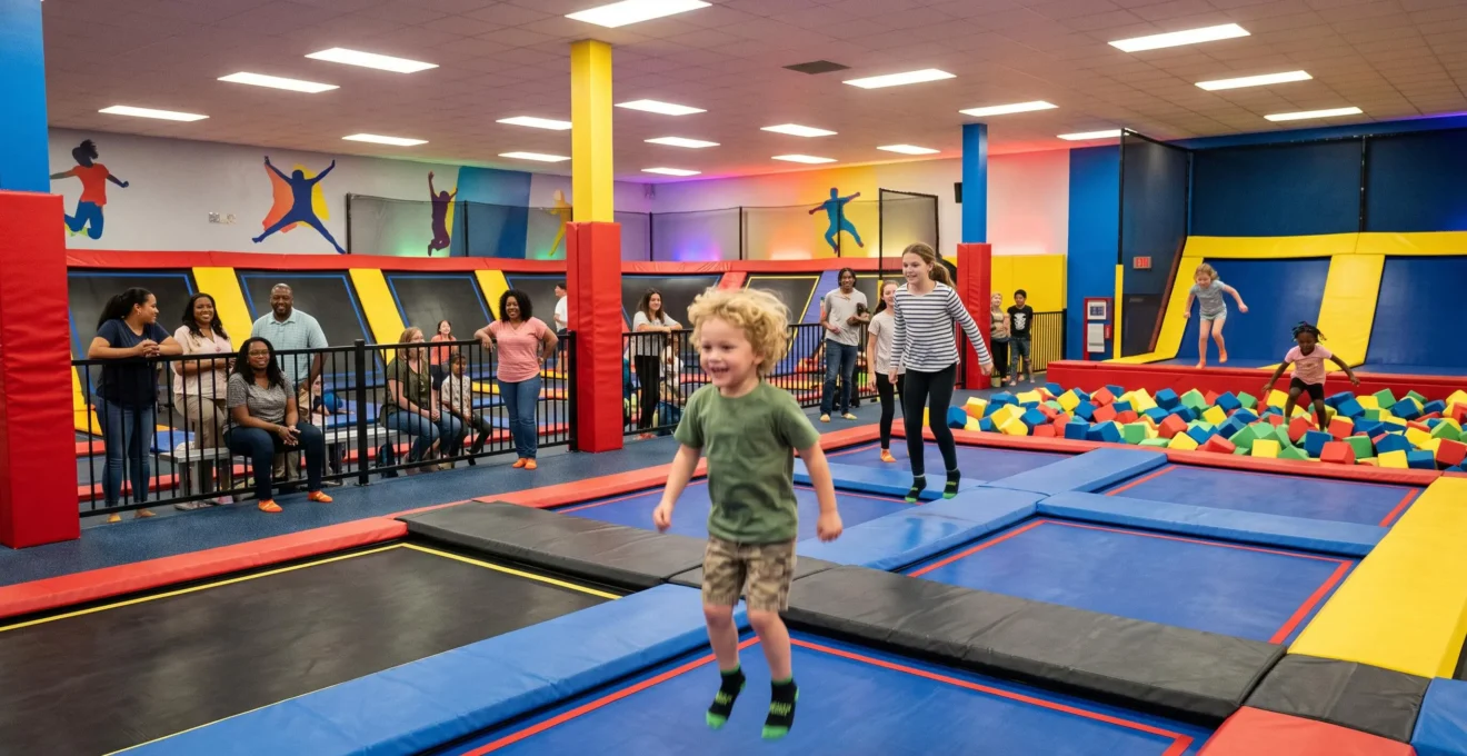 Enfants et familles d'âges variés sautant activement sur plusieurs zones de trampolines à l'intérieur d'un trampoline park moderne.