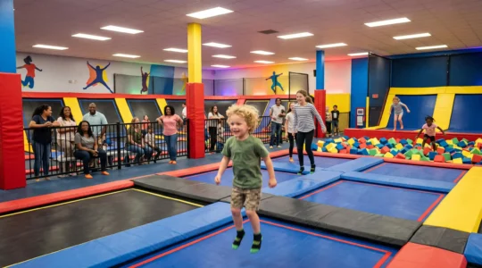 Enfants et familles d'âges variés sautant activement sur plusieurs zones de trampolines à l'intérieur d'un trampoline park moderne.