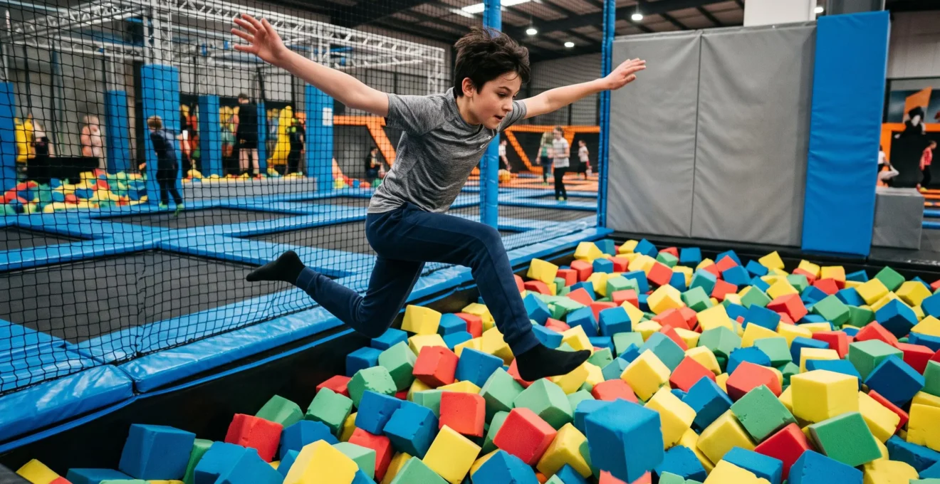 Préadolescent sautant d'un trampoline vers une fosse remplie de cubes de mousse colorés dans une zone d'activité d'un trampoline park.