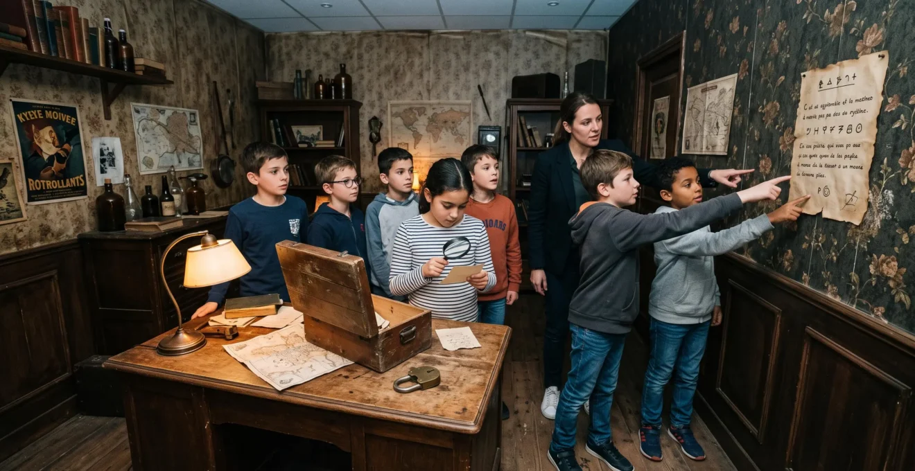 Des enfants cherchent des indices autour d'un coffret verrouillé dans une salle d'escape game.