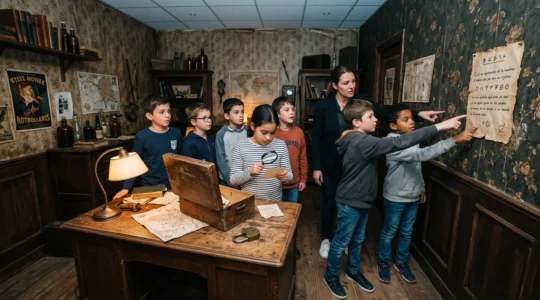 Des enfants cherchent des indices autour d'un coffret verrouillé dans une salle d'escape game.