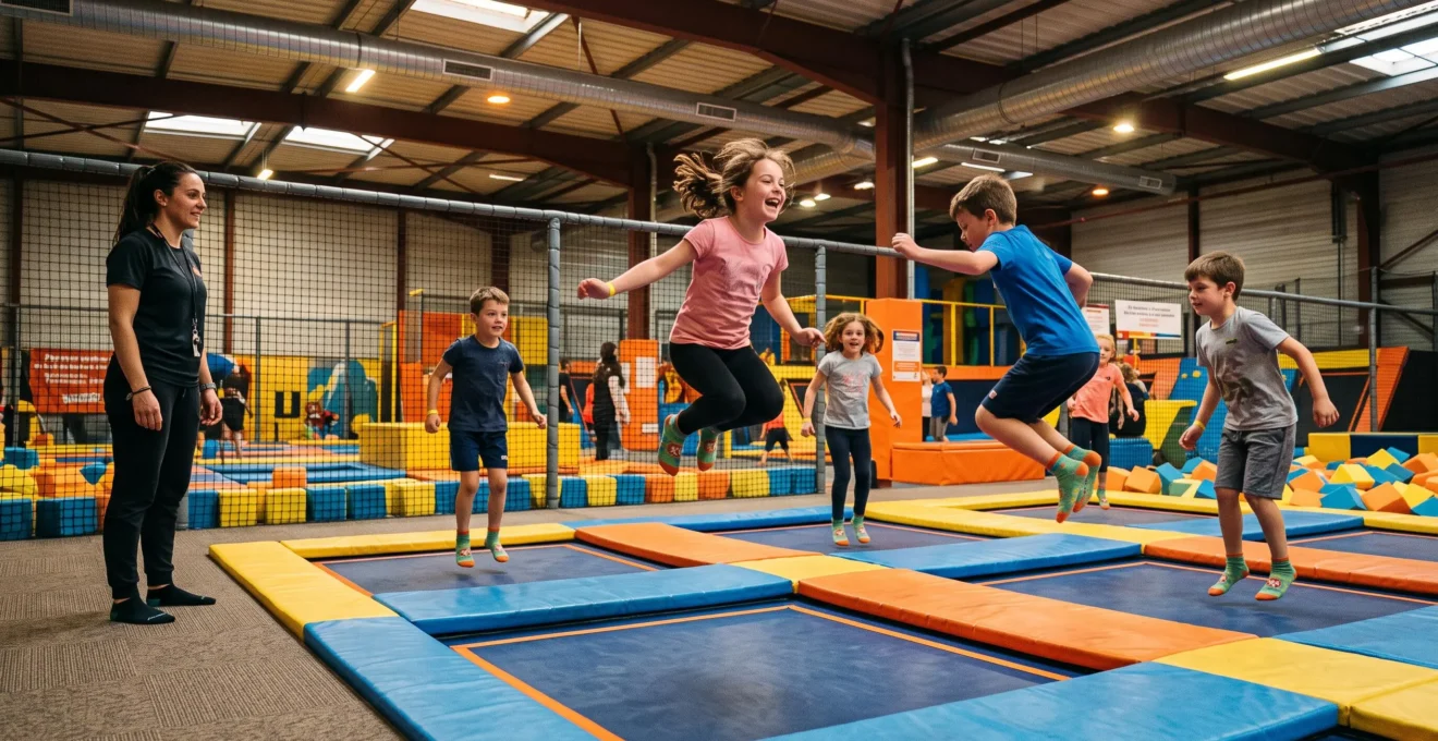Des enfants sautent sur les trampolines d'un parc de loisirs sous la surveillance d'un adulte.