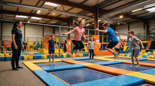 Des enfants sautent sur les trampolines d'un parc de loisirs sous la surveillance d'un adulte.