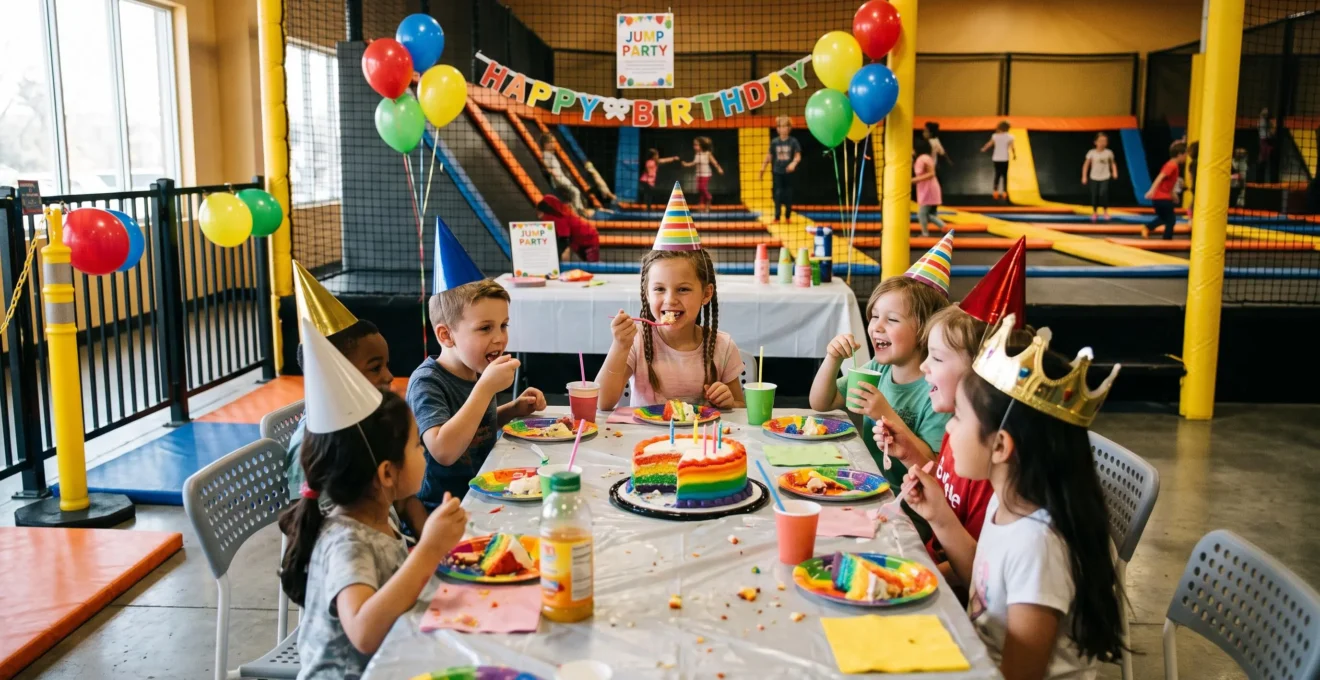 Des enfants goûtent un gâteau d'anniversaire attablés dans l'espace fête du parc.