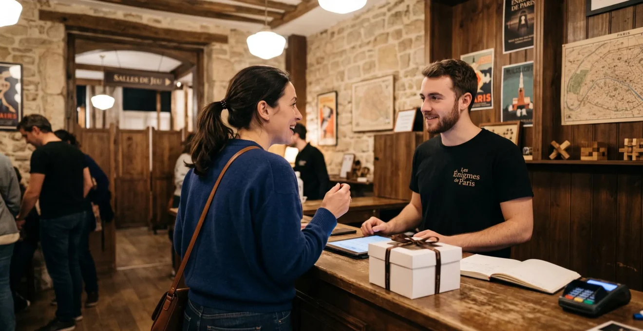Une parente réserve une session d'anniversaire au comptoir d'une salle d'escape game.